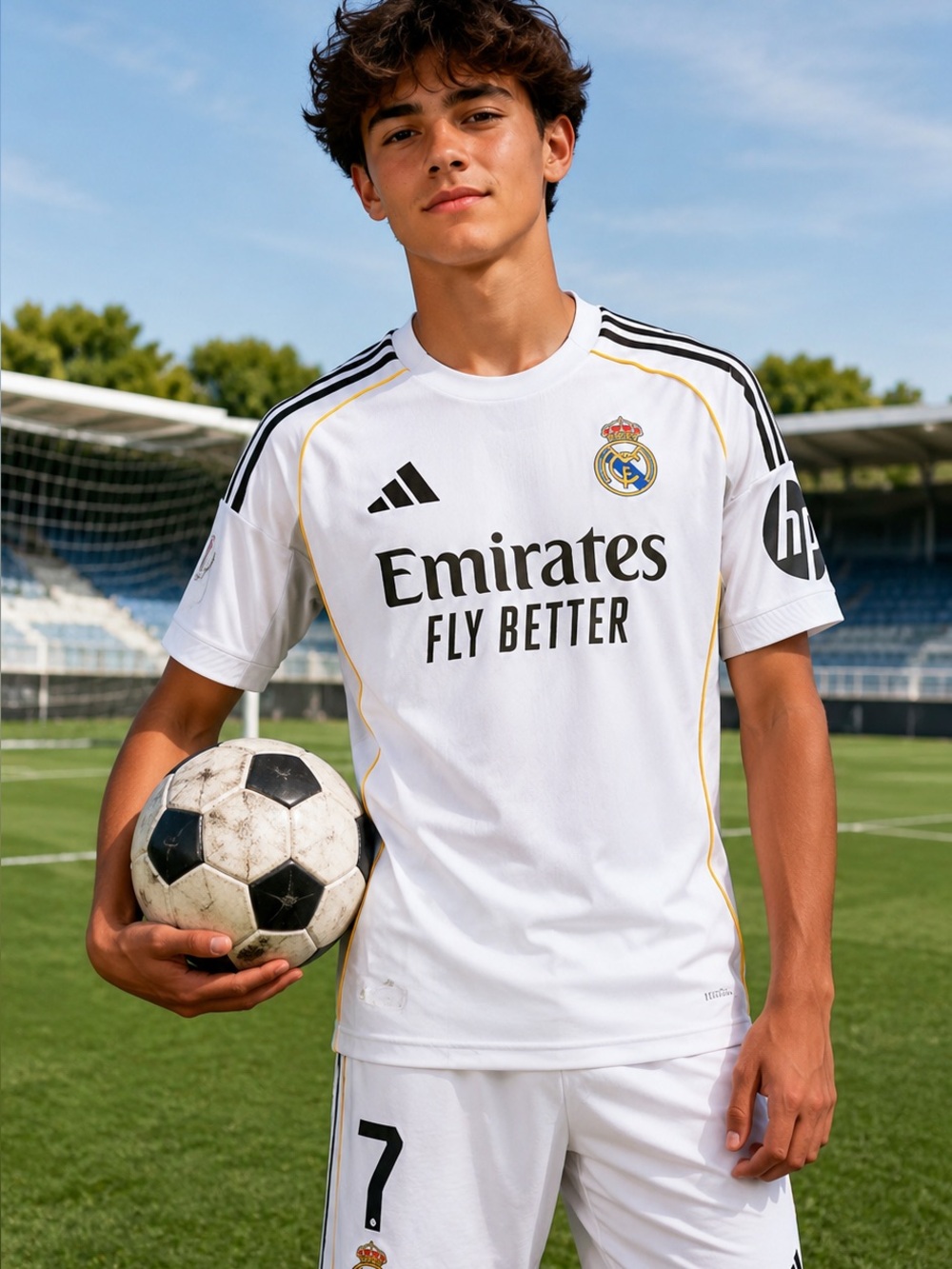 adidas White Real Madrid Kids Soccer Jersey with Black & Gold Accents XL